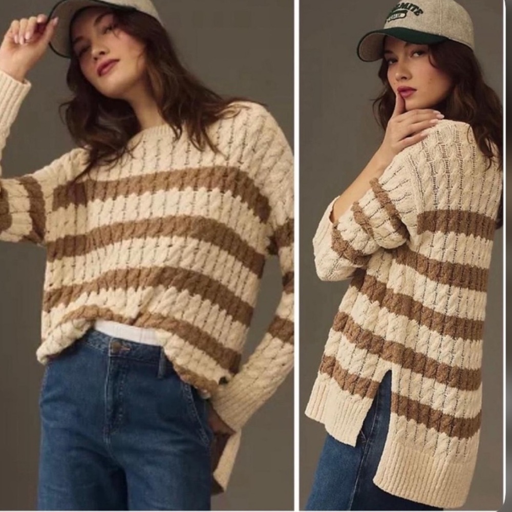 New Anthropologie Urban Beige and Brown Striped Sweater